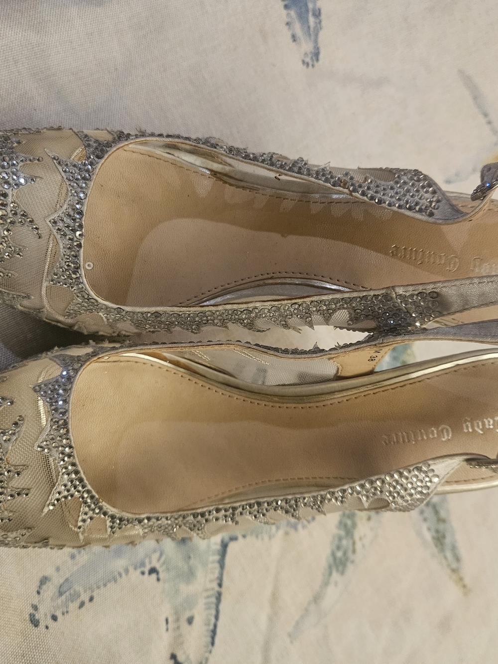 Nude Mesh Heels with Silver Crystal Trim. Very Good Condition.